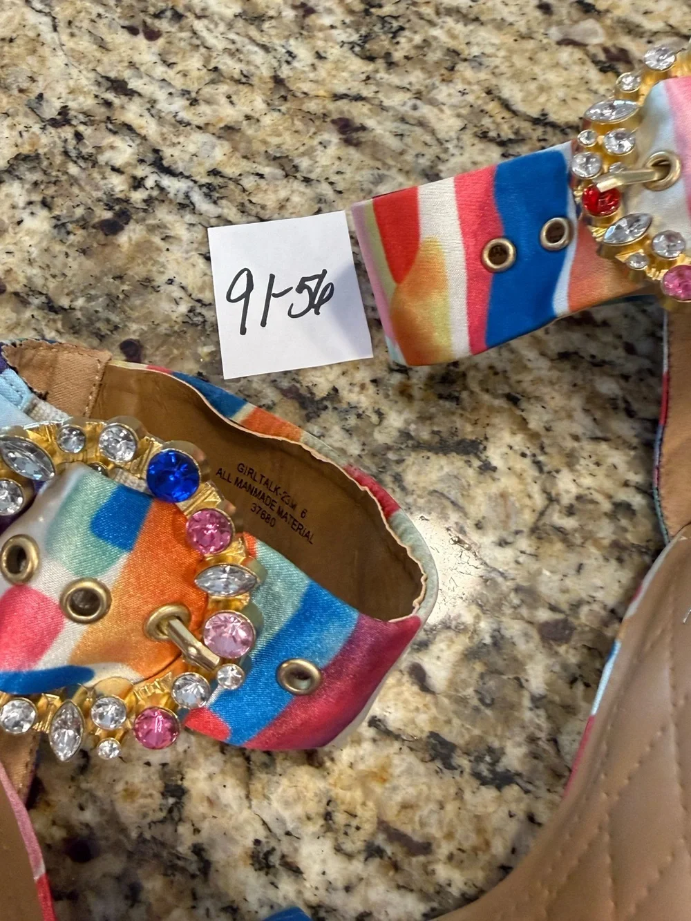 Anne Michelle 4” open toe heels multicolor rhinestone SZ 6/36 FLAW